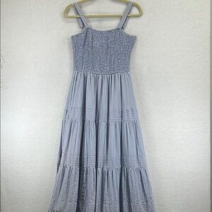 AEOM Women’s Cotton Maxi Dress Sz M Blue Straps Smocked Top Tiered Skirt Lined